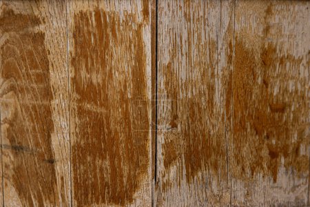Photo for Vintage brown barrel wooden planks background texture with scratches and black stains over wood grain of old aged oak barrel bottom, close up - Royalty Free Image