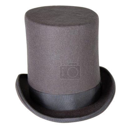 Magic hat. Topper. Elegant vintage gray beige wool felt top hat with black band. Grosgrain ribbon trim around rolled brim. Isolated on white background. Close-up. Copy space. Cut out. Clipping path.