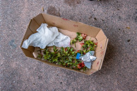 Food leftovers after picnic thrown into the craft paper box left on the street. Strawberries green tops, used wipe, plastic packaging put into the carton container. Food wastes, garbage, trash, junk.
