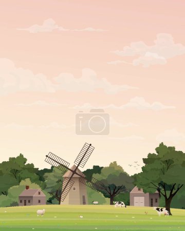 Alte Bauernwindmühle und Vieh im Grasfeld haben Vanillehimmel Hintergrund haben freien Platz. Landleben Konzept vertikale Form Vektor Illustration.