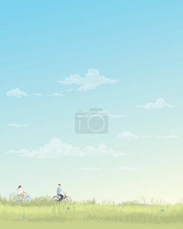 Man and woman riding bicycle together with nature landscape spring season flat design vector illustration vertical shape have blank space.