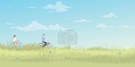Man and woman riding bicycle together with nature landscape spring season flat design vector illustration have blank space.