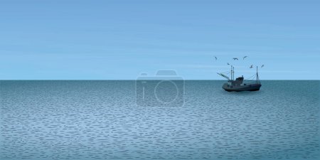 Téléchargez les illustrations : Paysage marin avec bateau de pêche suivi de mouettes en illustration vectorielle du soir. - en licence libre de droit