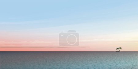 Sunset at the ocean with small tropical island and palm trees have blank space. Travel concept vector illustration background.