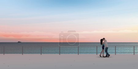 Couiple of lover kissing at seaside with vanilla sky background vector illustration. Sweetheart's honeymoon concept have blank space.