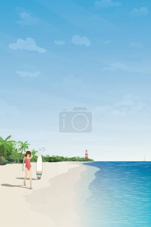 Tropical blue sea have surfer girl with surfboard at the beach flat design vertical shape vector illustration. Traveling to Caribbean sea concept have blank space.