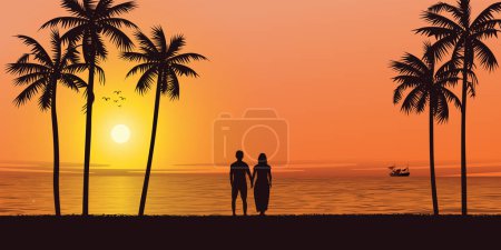 Silhouette of palm tree and lover hand holding at seaside with sunset background vector illustration. Sweetheart's honeymoon concept flat design.