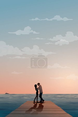 Silhouette von Schatz Umarmung auf der hölzernen Seebrücke haben tropisch blaues Meer und Vanillehimmel Hintergrund Vektor Illustration. Das Reisekonzept des Paares hat Leerraum.