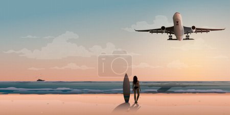 Silhouette of surfer girl with surfboard at the beach looking airplane landing have vanilla sky background vector illustration have blank space.