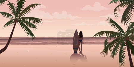 Surfer girl with surfboard at the beach flat design vector illustration have blank space. Traveling to Caribbean sea concept.