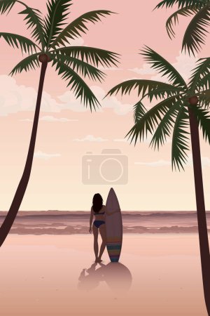 Silhouette of surfer girl with surfboard at the beach have vanilla sky background vertical shape vector illustration.