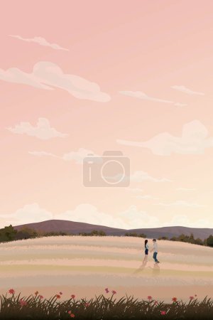 Un par de amantes que se reúnen en el prado en la colina tienen cordillera con ilustración de vector de fondo de cielo de vainilla. El viaje del diseño plano del concepto del amor tiene espacio en blanco.