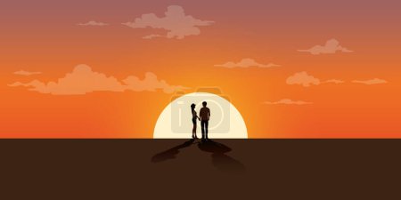 Puesta de sol con silueta pareja de amante junto ilustración vectorial tienen espacio en blanco para cualquier anuncio de redacción.