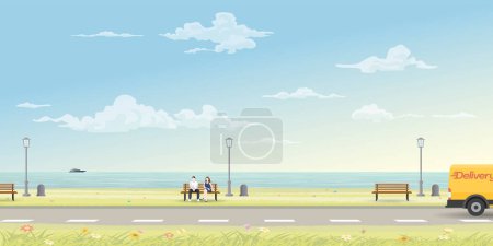 Un par de amantes sentados en el banco a la orilla del mar tienen carretera local a través de la ilustración vectorial de diseño plano del parque. Viajando del concepto del amor.