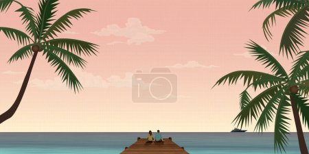 Couple of lover sitting on bench at seaside have local road through the park flat design vector illustration. Traveling of sweetheart concept.