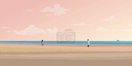 Un par de amantes sentados en el banco a la orilla del mar tienen carretera local a través de la ilustración vectorial de diseño plano del parque. Viajando del concepto del amor.