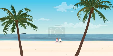 Group of friends sitting together on the beach at sunset with fishing boat followed by seagulls on the horizon vector illustration. Friendship's traveling concept vertical shape have blank space.