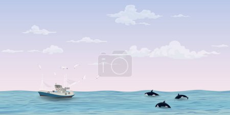Eine Gruppe von Freunden sitzt zusammen am Strand bei Sonnenuntergang mit einem Fischerboot, gefolgt von Möwen am Horizont Vektor Illustration. Das Reisekonzept der Freundschaft hat Leerstellen.
