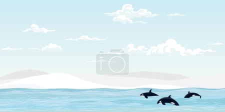 Grupo de amigos sentados juntos en la playa al atardecer con barco pesquero seguido de gaviotas en el horizonte ilustración vectorial. La forma vertical del concepto de viaje de la amistad tiene espacio en blanco.