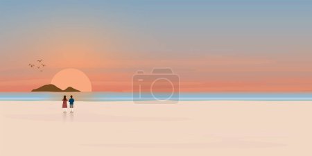 Sunset at tropical blue sea, sand beach and mountain with couple of lover illustration. Landscape of coast beautiful sea shore beach at sunset flat design illustration.
