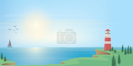 Faro en la orilla del mar ilustración de diseño plano con yate en el horizonte. Pharos de la isla, casa ligera, paisaje marino, edificio de la señal en la orilla del mar tienen velero en el mar. Paisaje costero con faro.