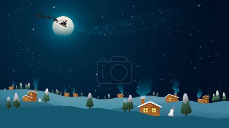 Cláusula de Santa con su trineo y renos en la víspera de Navidad tienen pequeña ciudad, pinos, colinas de nieve paisaje y un montón de estrellas de fondo. Fondo noche de Navidad.