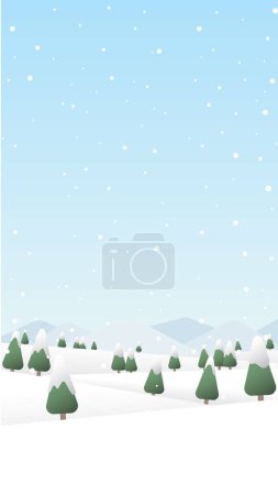 Winter mountains landscape with pines and hills vector illustration. Merry Christmas and Happy New Year greeting card vertical template.