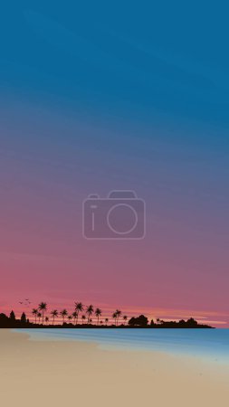 Seascape sunset vertical shape vector illustration have blank space at the sky. Paisaje costero con palmeras, costa oceánica, playa y un espectacular diseño plano del cielo.