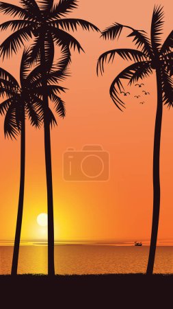 Silueta de palmera a orillas del mar con ilustración vectorial vertical al atardecer. Plantilla de diseño plano concepto isla tropical tienen espacio en blanco.