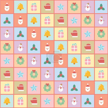 Patrón comprobado con iconos de dibujos animados de Navidad. Navidad tema pastel colores fondo.