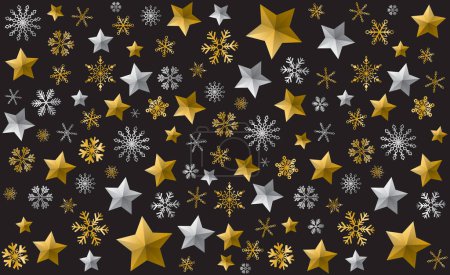 Ilustración de estrellas con copos de nieve de oro y colores plateados sobre patrón negro. Fondo de elementos navideños de lujo.