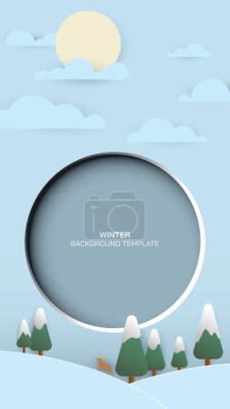 Abstrait 3 dimensions papier coupé concept de saison d'hiver avec cadre rond vierge sur fond bleu clair vertical. Modèle de publicité d'hiver. Noël fond design plat avec espace vide.