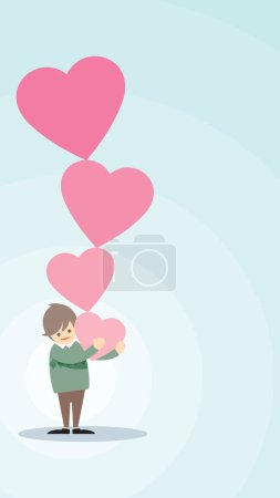 Abbildung eines Mannes, der ein abstraktes großes Herz als Geschenk auf hellblauem vertikalen Hintergrund trägt und freie Fläche für Werbetexte hat. Vorlage für Grußkarten zum Valentinstag.