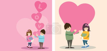 illustration of man carrying big heart as a gift with his girlfriend and have blank space for advertisement wording. Greeting card template. Set of vector characters couple in love with big heart.