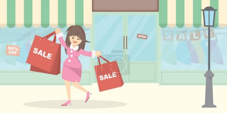 happy women with shopping bags in hands in front of fashion store during the sale or discount season. Vector cartoon flat illustration.