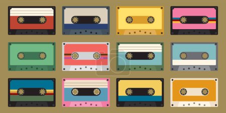Téléchargez les illustrations : Cassettes audio en plastique coloré illustration design plat. Ensemble de différentes bandes de musique de couleur. - en licence libre de droit