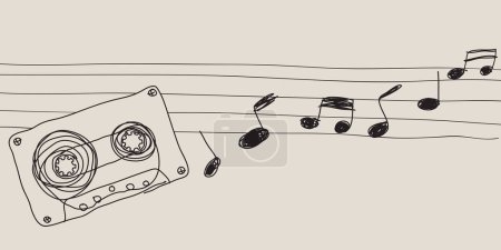Cassette tape with musical note and staff childish style vector illustration black and white colors have blank space. Music industries concept doodle line illustration.