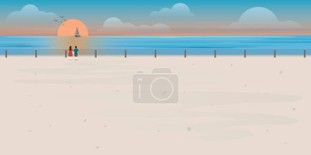 Couple of lover looking sunset at view point of ocean vector illustration. Landscape of coast beautiful sea shore with sunset flat design illustration.