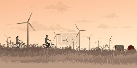 Man and woman riding bicycle together in countryside fields with wind turbines and vanilla sky background flat design vector illustration. Sustainable renewable green energy concept. 