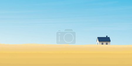 Illustration for Wheat field with country house and blue sky background vector illustration have blank space. Countryside summer background gold colors grain nature. Autumn agriculture landscape. - Royalty Free Image