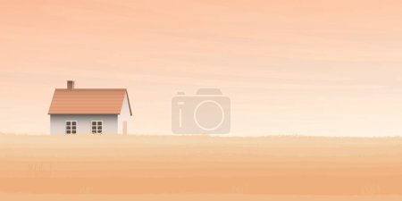 Illustration for Wheat field with country house and vanilla sky background vector illustration have blank space. Countryside with gold colors grain nature and sunset background . Autumn agriculture landscape. - Royalty Free Image