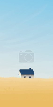 Illustration for Wheat field with country house and blue sky vertical background vector illustration have blank space. Countryside summer background gold colors grain nature. Autumn agriculture landscape. - Royalty Free Image