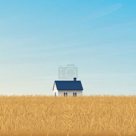 Téléchargez les illustrations : Champ de blé avec maison de campagne et ciel bleu illustration vectorielle carré de fond ont espace vide. Campagne arrière-plan avec des couleurs d'or champ d'orge. - en licence libre de droit
