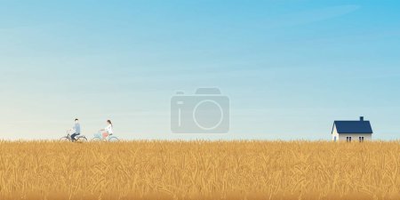 Téléchargez les illustrations : Homme et femme à vélo ensemble dans le champ de blé ont maison de campagne et ciel bleu illustration vectorielle de fond. - en licence libre de droit