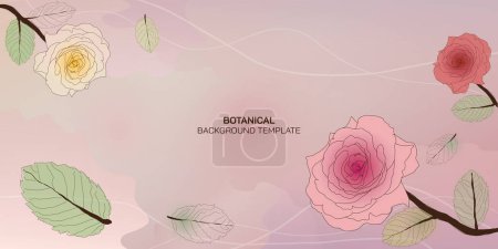 Téléchargez les illustrations : Roses style enfantin avec abstrait mélange d'aquarelle rose et violet fond mélangé. Feuilles botaniques et fleurs lignes de gribouillage. Fond vectoriel pour bannière, affiche, Web et emballage. - en licence libre de droit