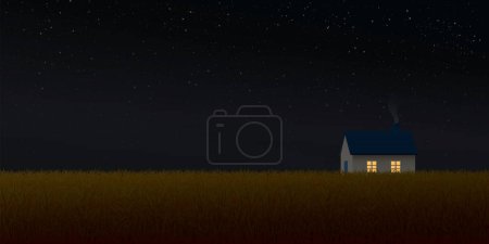 Illustration for Country house in wheat field at night have a lot of star in the sky background vector illustration. - Royalty Free Image