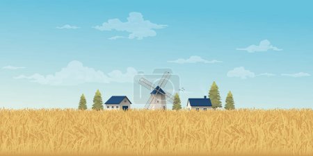 Illustration for Old farm windmill in wheat field with blue sky background vector illustration have blank space. Countryside concept with gold colors barley field. - Royalty Free Image