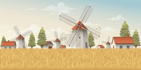 Illustration for Old farm, village and windmill in wheat field in the morning vector illustration. Countryside concept with gold colors barley field. - Royalty Free Image