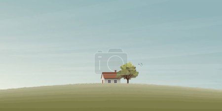 Illustration for Country house on hill in the morning vector illustration have blank space. Countryside concept background. Autumn agriculture landscape. - Royalty Free Image