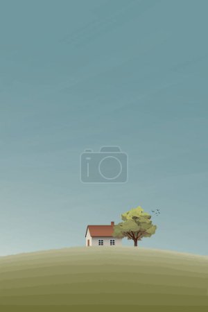 Illustration for Country house on hill in the morning vector illustration have blank space. Countryside concept vertical background. Autumn agriculture landscape. - Royalty Free Image